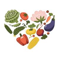 vita sana - a forma di cuore con verdure. icone vegetali per mangiare sano o concetto di cibo biologico. include pomodoro, mais, carote e altro ancora. illustrazione vettoriale piatta.