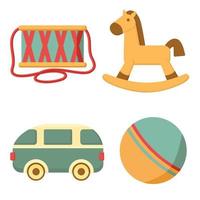 set di icone di giocattoli per bambini. cavallo, tamburo, palla, auto, giocattoli per bambini illustrazione vettoriale piatta per il tuo design.