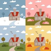 casa in pietra in diverse stagioni - inverno, primavera, estate, autunno. insieme di diverse parti dell'anno, tipi di tempo. illustrazione vettoriale piatta.