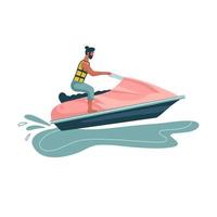 l'uomo guida una bici d'acqua. viaggio nel mondo. pianificazione delle vacanze estive. sport acquatici. divertimento nell'oceano, sport estremo, illustrazione vettoriale piatta di sci nautico. vista laterale