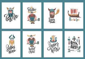 simpatico set di poster di personaggi dei cartoni animati vichinghi in formato A4, stile scandinavo con scritte. illustrazioni vettoriali piatte per e banner, libro per bambini, cartolina, carta regalo, stampa per t-shirt, adesivo