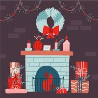 illustrazione vettoriale di una stanza decorata di Natale e Capodanno con muro di mattoni, camino, corona di fiori, scatole regalo. interno festivo di natale. illustrazione vettoriale piatta.