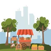 bancarella del mercato locale con cibi freschi. fattoria di frutta e verdura su sfondo vista città con alberi, illustrazione vettoriale in stile piatto cartone animato.