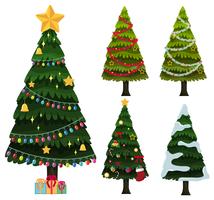 Cinque alberi di Natale con ornamenti vettore