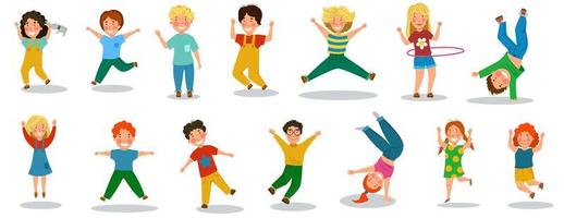 bambini felici è un giorno. una serie di bambini divertenti che saltano e si rallegrano. illustrazione vettoriale in uno stile cartone animato piatto.