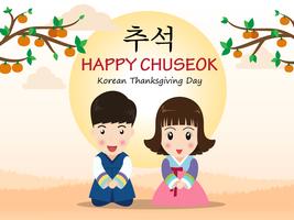 Chuseok o Hangawi (giorno del ringraziamento coreano) - Bambini simpatici cartoni animati in costume tradizionale coreano vettore