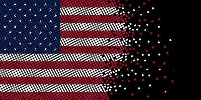 pixel art con bandiera usa. i punti pixel crescono concentrandosi all'interno della bandiera. i punti all'interno della bandiera americana sono pixel art che rappresentano l'unità e l'indipendenza. bandiera su sfondo nero. vettore