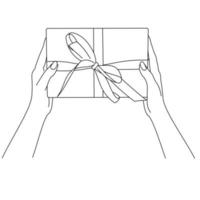 illustrazione di mani che fingono di dare una confezione regalo. regali di festa, Natale, Capodanno, feste, San Valentino e edizioni di compleanno isolate su sfondo bianco. sorpresa o regalo speciale vettore