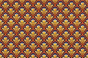 fiore giallo su blu navy, bianco, arancione geometrico etnico orientale modello tradizionale design per sfondo, tappeto, carta da parati, abbigliamento, avvolgimento, batik, tessuto, illustrazione vettoriale stile ricamo