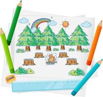 una carta con un disegno di schizzo di doodle con colori e matite colorate vettore