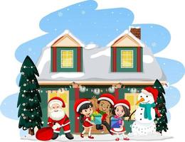 Babbo Natale con i bambini in piedi davanti a una casa vettore
