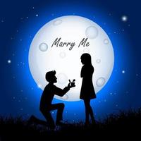 sposami design isolato su sfondo notte stellata. l'uomo propone la donna per il matrimonio con sfondo lunare. sfondo di notte di luna con silhouette di coppia. vettore