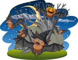 gruppo di pipistrelli nella foresta di notte vettore