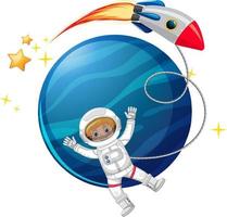 astronauta isolato con pianeta blu e razzo vettore