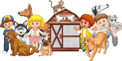 bambini con i loro cani in stile cartone animato vettore