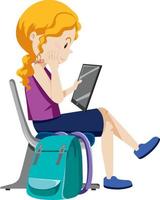 vista laterale di una donna seduta e utilizzando tablet vettore
