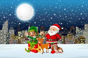 notte d'inverno nevoso con babbo natale ed elfo vettore