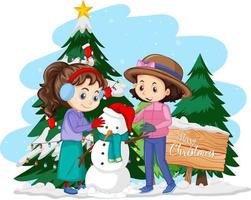 due ragazze che costruiscono un pupazzo di neve in stile cartone animato vettore