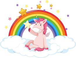 personaggio dei cartoni animati di unicorno rosa seduto su una nuvola con arcobaleno vettore
