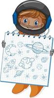 un astronauta che tiene un taccuino con un disegno di schizzo di doodle su priorità bassa bianca vettore