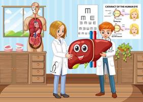 scena della stanza con un medico che tiene il fegato in stile cartone animato vettore
