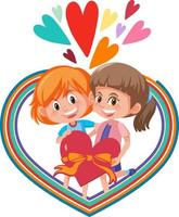 cartone animato di due bambini a forma di cuore arcobaleno vettore