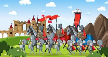 scena all'aperto medievale con esercito di cavalieri corazzati vettore