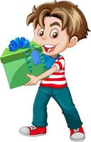 un ragazzo in possesso di un personaggio dei cartoni animati di scatola regalo su sfondo bianco vettore
