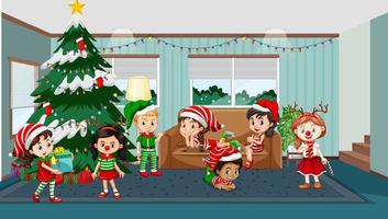 bambini che festeggiano il Natale a casa vettore
