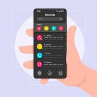 modello vettoriale di interfaccia smartphone chat falsa. layout del design del colore della pagina dell'app mobile. schermata dei messaggi di chat. interfaccia utente piatta per l'applicazione. mano che tiene il telefono con falsa conversazione sul display
