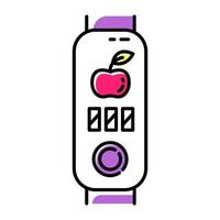 fitness tracker con icona a colori contatore calorie. dispositivo benessere con monitoraggio delle sane abitudini alimentari. gadget wireless con controllo degli alimenti, opzione di notifica dei pasti. illustrazione vettoriale isolata