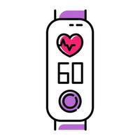 fitness tracker con icona a colori per il monitoraggio della frequenza cardiaca. dispositivo benessere alla moda con funzione di controllo del battito cardiaco. app fitness con pulsazioni, ritmo cardiaco sul display. illustrazione vettoriale isolata