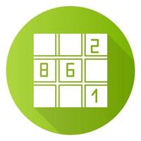 sudoku puzzle verde design piatto lunga ombra icona glifo. gioco di piazzamento dei numeri. esercizio mentale. ingegno, conoscenza, test di intelligenza. rompicapo. trovare una soluzione. illustrazione della siluetta di vettore