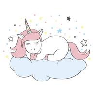 Divertente personaggio di unicorno cartoon dormendo su una nuvola isolato su sfondo bianco. Fata adorabile pony. Illustrazione di bambini Doodle unicorno per carte, poster, stampe per t-shirt, design tessile. vettore