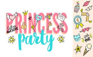 Lettering Princess Party con scarabocchi girly e frasi disegnate a mano per il design di San Valentino, la stampa di t-shirt da ragazza. Slogan Princess Party disegnato a mano. vettore