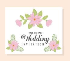 invito a nozze con fiori rosa e foglie disegno vettoriale