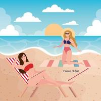 distanza sociale sulla spiaggia, le donne mantengono una distanza di due metri o sei piedi, nuovo concetto di spiaggia estiva normale dopo il coronavirus o il covid 19