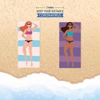 distanza sociale sulla spiaggia, le donne mantengono le distanze sdraiate abbronzandosi, nuovo concetto di spiaggia estiva normale dopo il coronavirus o il covid 19 vettore