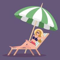 donna che usa cappello estivo con costume da bagno in sedia a sdraio, protezione ombrellone, stagione delle vacanze estive vettore