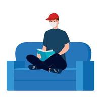 uomo con maschera che legge un libro sul disegno vettoriale del divano