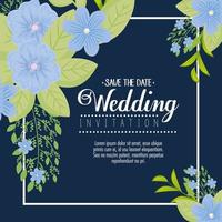 invito a nozze con fiori blu e foglie disegno vettoriale