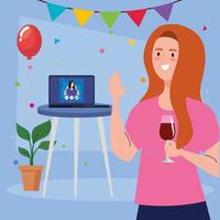 donna con una tazza di vino e una ragazza sul disegno vettoriale del laptop