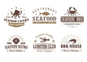 Set di pesce d&#39;epoca, barbecue, modelli di logo grill, distintivi ed elementi di design. Collezione di logotipi per negozio di pesce, bar, ristorante. Illustrazione vettoriale Hipster e stile retrò.