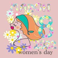 felice festa della donna carta donna cartone animato in primavera fiori sfondo e fiori alfabeti 8 marzo 2022 disegno disegnato a mano cartone animato vettore