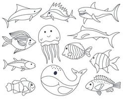set di doodle di pesce di mare vettore