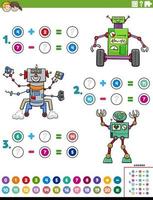 attività di addizione e sottrazione di matematica con i robot dei cartoni animati vettore