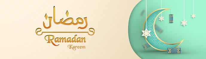 Modello per Ramadan Kareem con colore verde e oro. Progettazione dell&#39;illustrazione di vettore 3D nel taglio e nel mestiere della carta per la cartolina d&#39;auguri islamica, invito, copertina di libro, opuscolo, insegna di web, pubblicità.