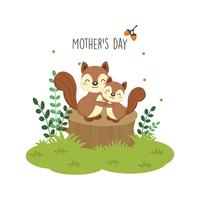 Buona festa della mamma. Madre scoiattolo che abbraccia il suo bambino. vettore