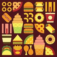 poster di opere d'arte simbolo fast food geometrico piatto minimalista con forme semplici colorate. disegno vettoriale astratto di cibo spazzatura e bevande. hamburger, pizza, patatine fritte, bibite gassate, caffè e gelati.