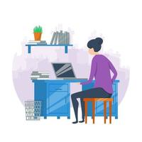 stile piatto vettoriale che lavora dal concetto di casa. donna seduta alla scrivania che lavora al suo computer.